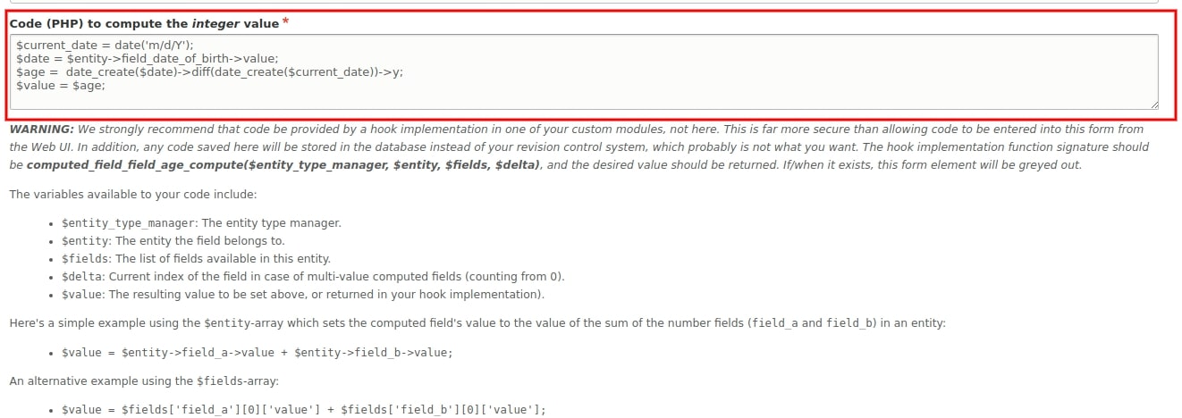 Calculating the Age within the PHP Code text area