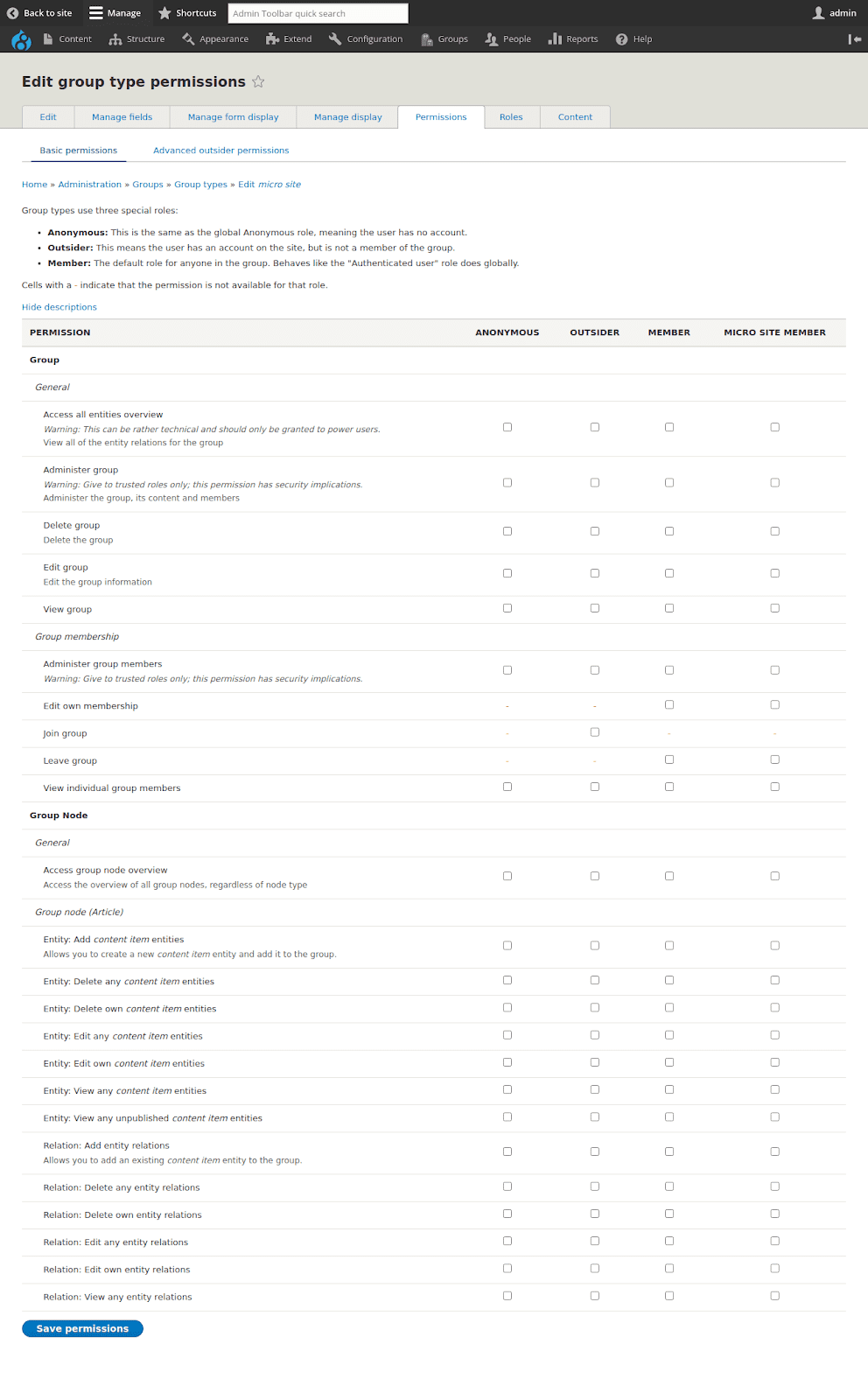 Group Type Permissions