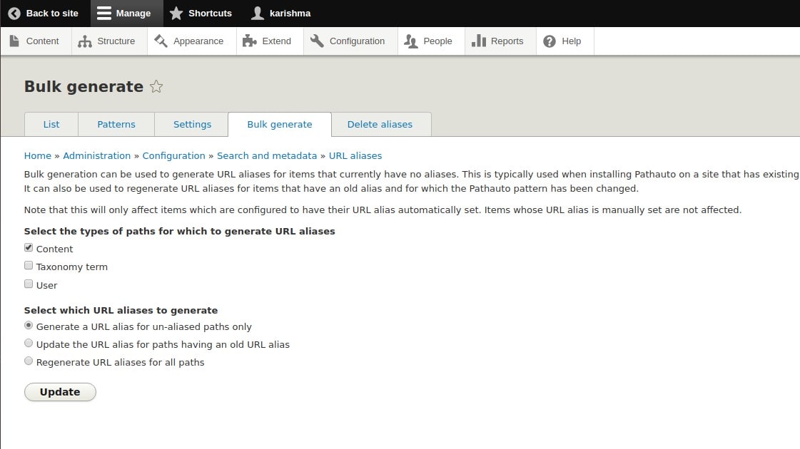 Bulk URL Aliases Generation in Pathauto Module
