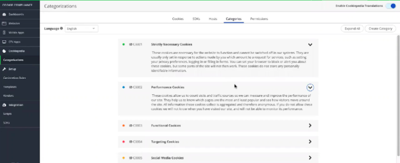 OT- Cookie Categories page