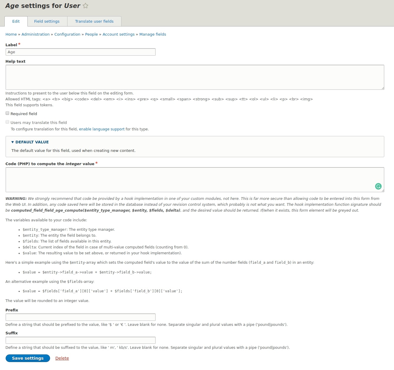 Setting up the Drupal Computed Field