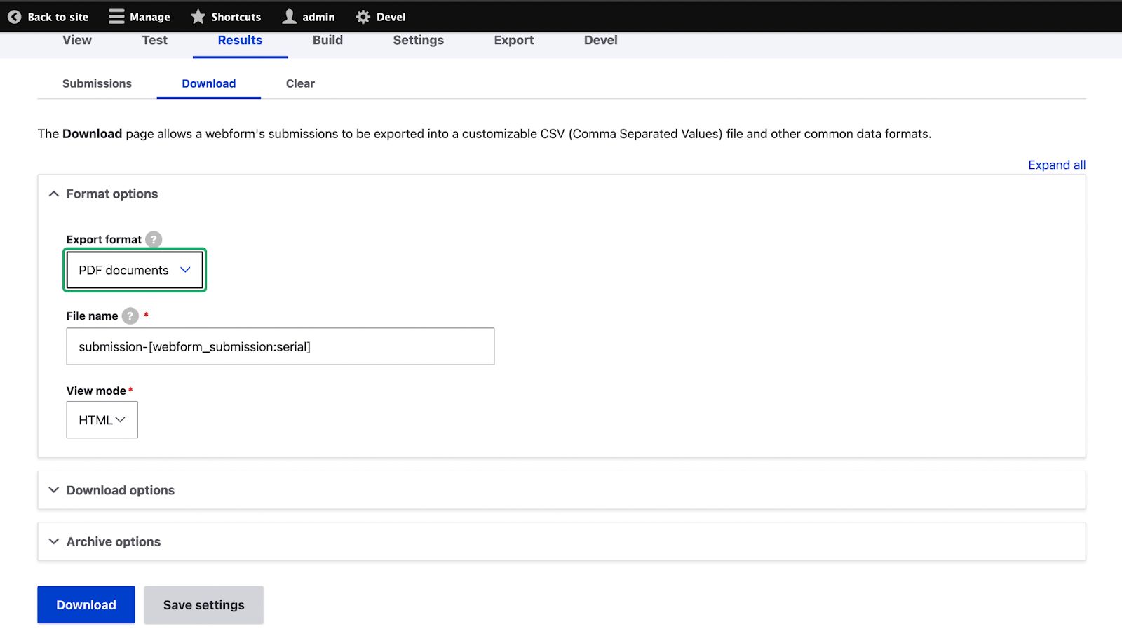 Export multiple webform submissions