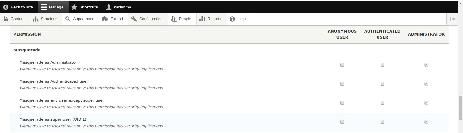 Drupal masquerade configuration