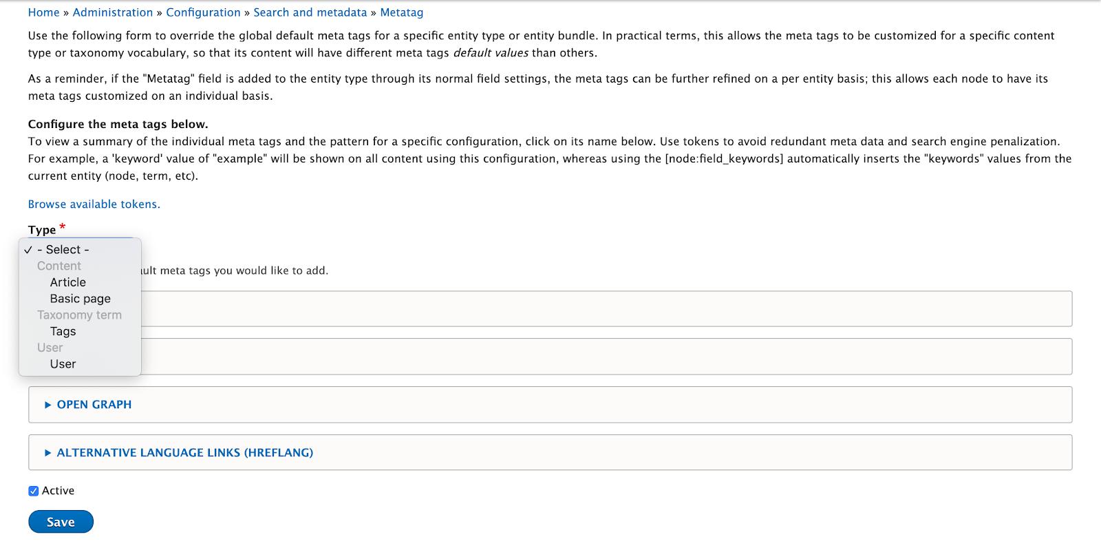 Drupal Metatag - Configuration for Content types 