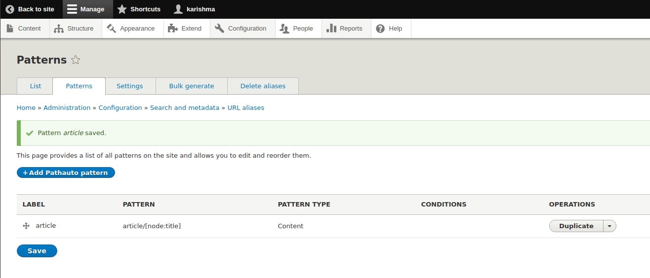 Patterns tab in pathauto module