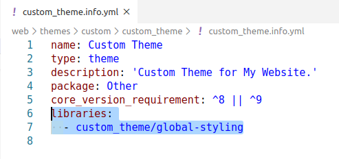 Linking the libraries.yml with the custom Drupal 9 theme