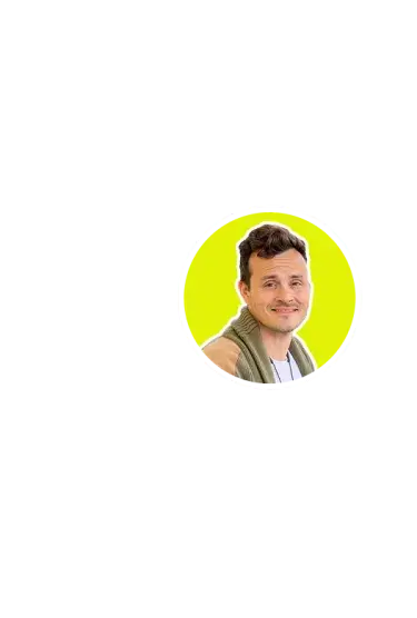 Smiling man with green cloth, yellow circular profile photo.