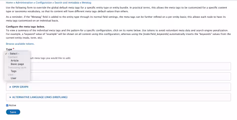 Drupal Metatag - Configuration for Content types&nbsp;