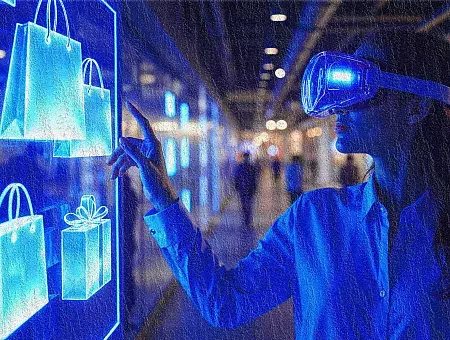 A woman uses a virtual reality headset in a store, immersed in a digital experience while browsing merchandise.