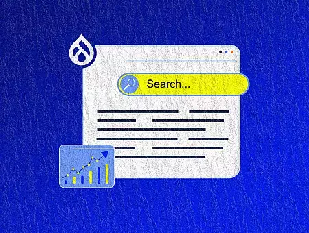 A browser window with a yellow search bar and a chart showing upward trends on a blue textured background.