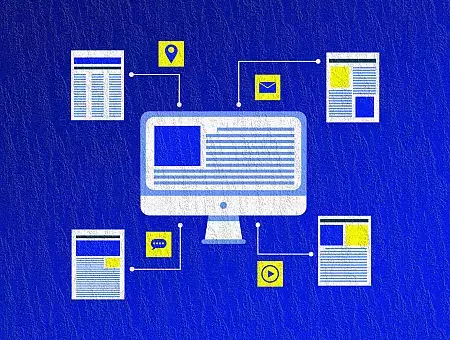 A computer monitor with connected icons and web pages, representing networked information or digital content management, on a blue textured background.