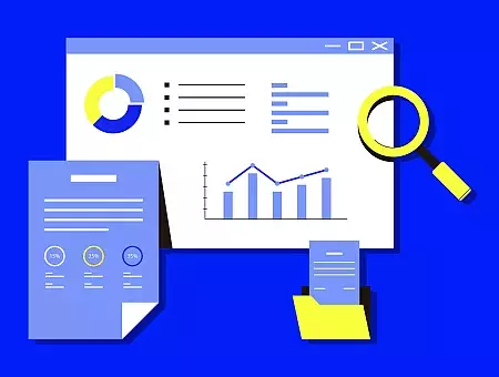 Illustration of analytical tools showing graphs, charts, and magnifying glass on blue textured background. Elements convey data analysis theme.