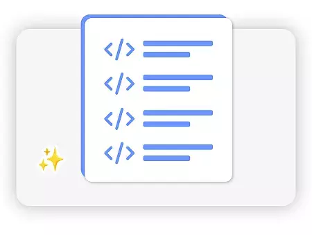 Illustration of a code snippet with blue text on a white background, alongside a glittering star graphic.