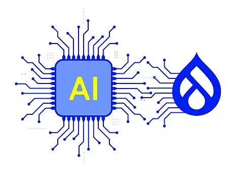 Blue microchip labeled "AI" with circuit lines connecting to a blue water droplet, symbolizing technology and hydration.