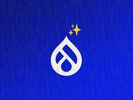 a Drupal droplet logo with some stars above it against a gradient blue background