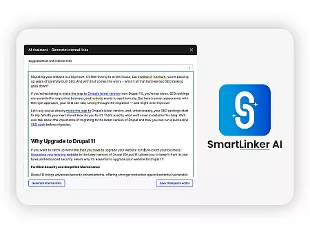 Screenshot of SmartLinker's AI interface suggesting internal links for a blog post about upgrading to Drupal 11, emphasizing SEO benefits.
