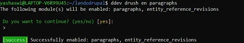 Terminal output: "Successfully enabled: paragraphs, entity_reference_revisions" modules.