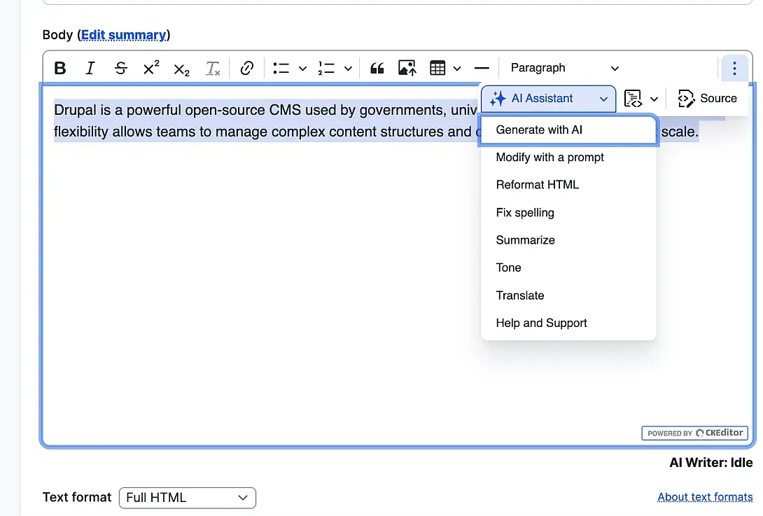 AI Assistant dropdown in CKEditor