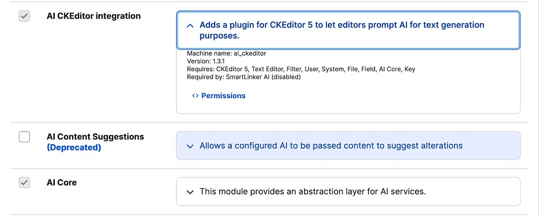 The AI CKEditor integration module enabled on the Drupal modules page.